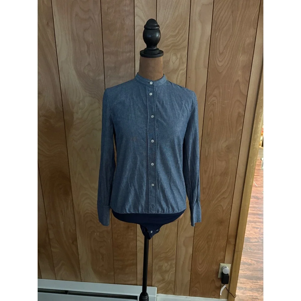 J. Crew Denim Bodysuit Womens 0 Blue Chambray Band Collar Long‎ Sleeve